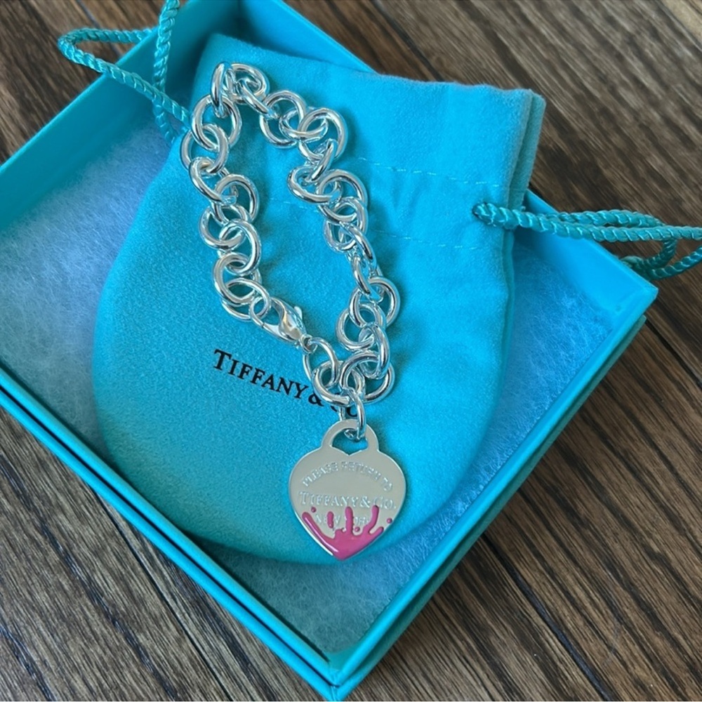 TIFFANY & CO PINK HEART SPLASH CHARM BRACELET 100% AUTHENTIC LIKE NEW RARE HTF